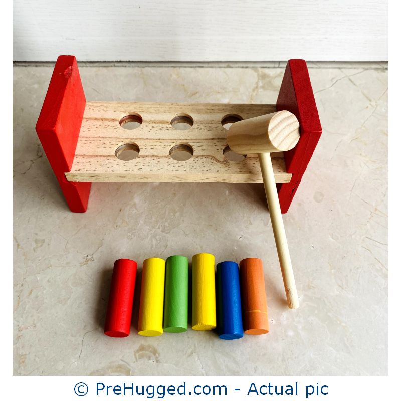 Wooden Hammer and 6 Peg Toy Pounding Bench